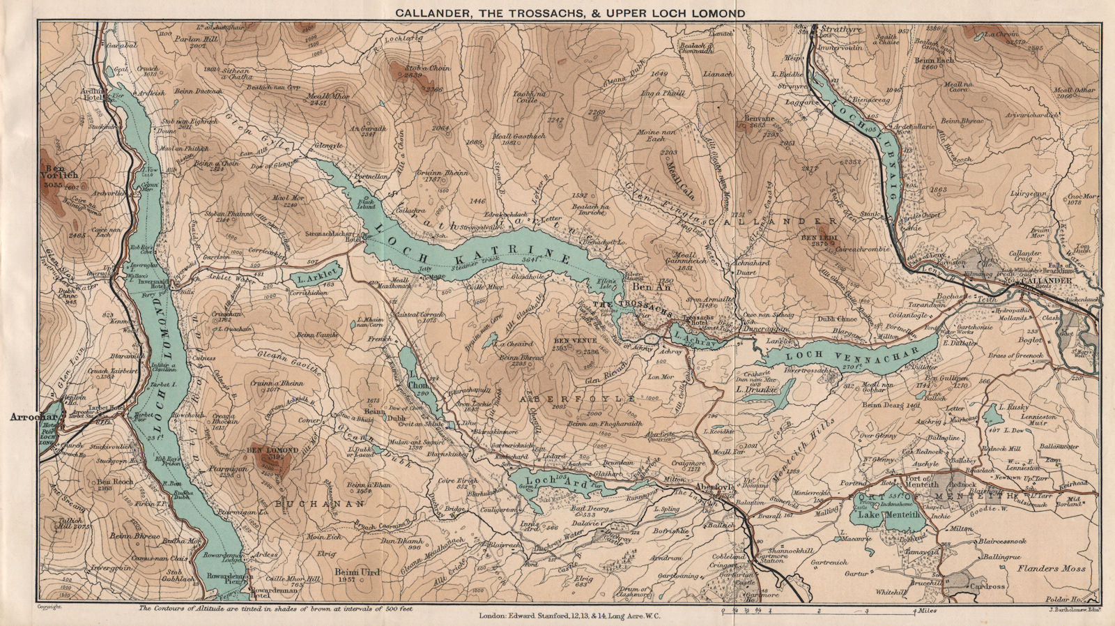 CALLANDER, THE TROSSACHS & UPPER LOCH LOMOND Vintage map Scotland. STANFORD 1905